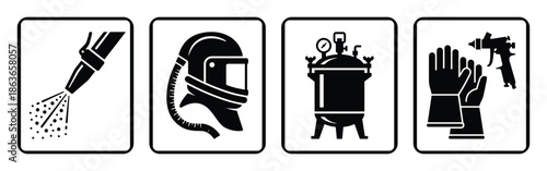 Protective gear vector icons for sandblasting, safety helmet, gloves, spray gun, and pressure pot.