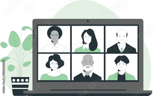 A laptop screen displays a video conference with six diverse professionals in a modern office setting.