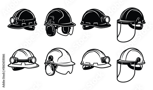 Protective mining helmets vector set. Safety headgear with mounted light, earmuffs, and face shield illustrations.