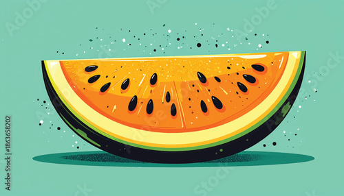 Vibrant Slice of Orange Watermelon with Black Seeds.