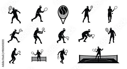 Silhouettes of tennis players and equipment representing the sport of tennis