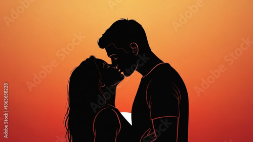 Romantic couple sharing a tender kiss at sunset with warm orange background with sunset background and silhouette and love and romance and intimate