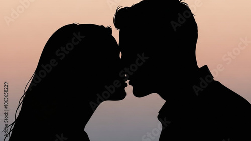 Silhouette of a loving couple kissing at sunset with a warm orange and gray gradient background with love and romance and romantic and intimacy
