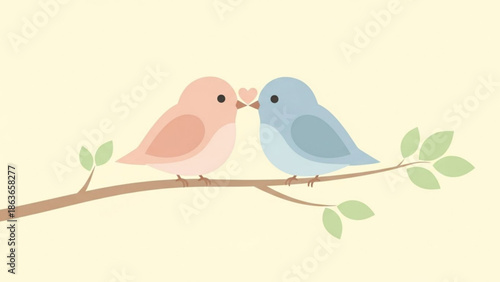 Two birds perched on a branch kissing each other with a heart between them, love birds illustration, pastel colors, soft background with birds kissing
