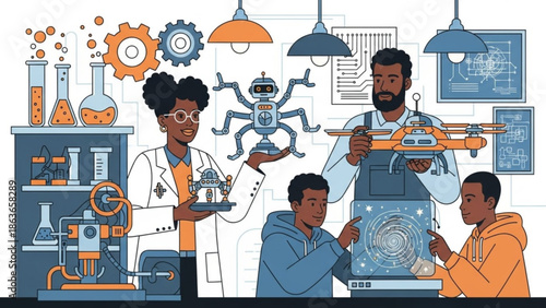 Diverse group of scientists and engineers collaborating on robotics and technology projects in a modern laboratory setting with various machinery and equipment