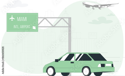 A green car drives towards the airport sign with an airplane flying above
