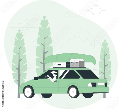 A green car with a rooftop tent is parked beside tall trees in a serene forest under a sunny sky.