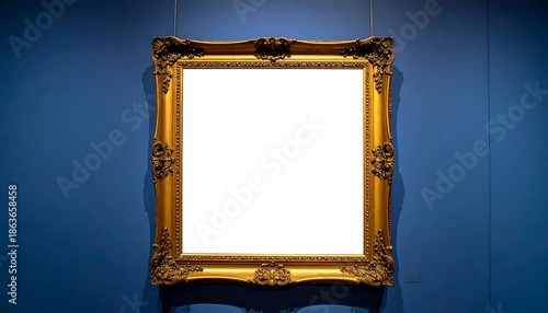 Ornate Golden Picture Frame on a Textured Blue Wall.
