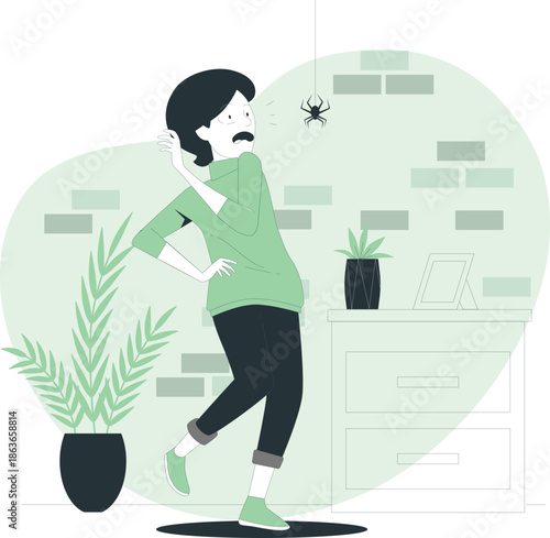 Woman experiencing arachnophobia in a calm indoor environment surrounded by plants