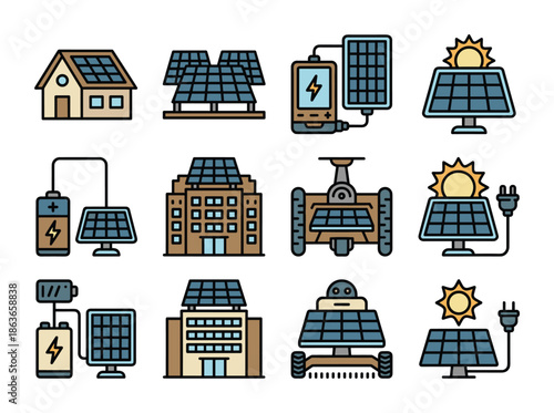 Renewable energy sources for different applications. Buildings, house and mobile phone with solar panel icon set.