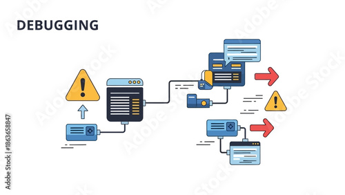 Visual representation of IT debugging process, detailing how system errors are identified and resolved in complex technology environments, ensuring software functionality