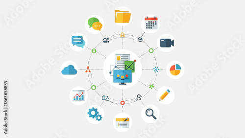 Illustrating a core IT technology ecosystem, this graphic depicts how it connects digital services, data management, and communication for streamlined modern business operations