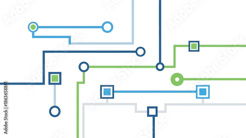 Abstract technological connection network diagram with blue and green lines and circles symbolizing data flow and connectivity in it systems