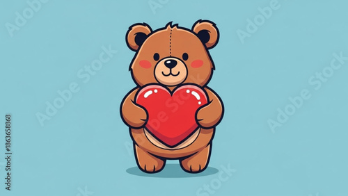 Cute brown teddy bear holding big red heart on blue background, symbolizing love and affection in a cartoon style with emotion and illustration