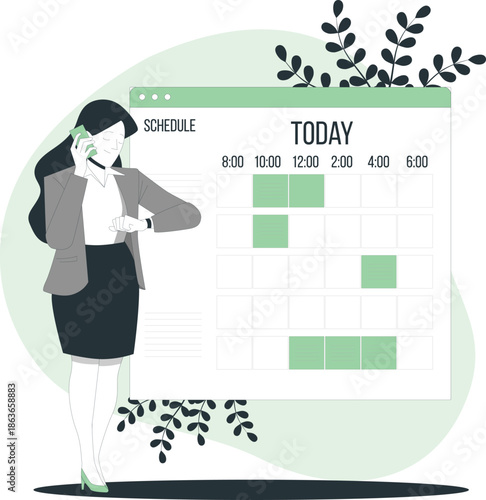 A professional woman manages her daily schedule on a digital calendar while on a phone call