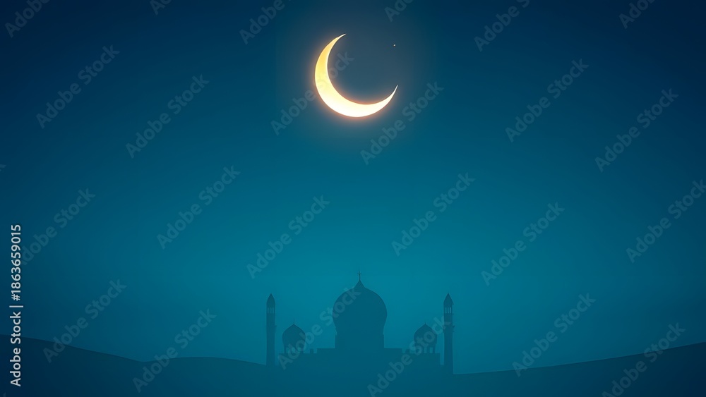 Obraz premium Crescent Moon over a Distant Mosque at Night with Blue Hues.