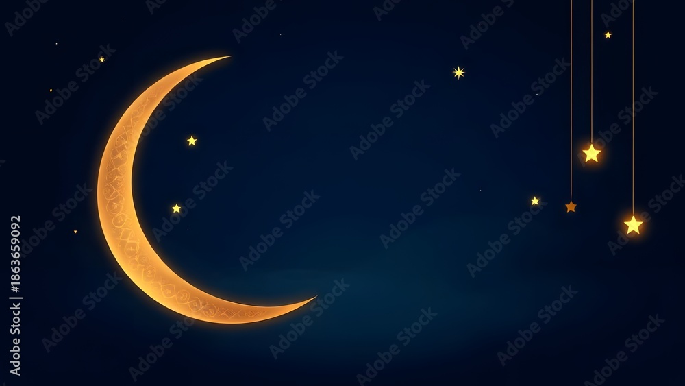 Naklejka premium Golden Crescent Moon and Twinkling Stars in a Dark Blue Night Sky.