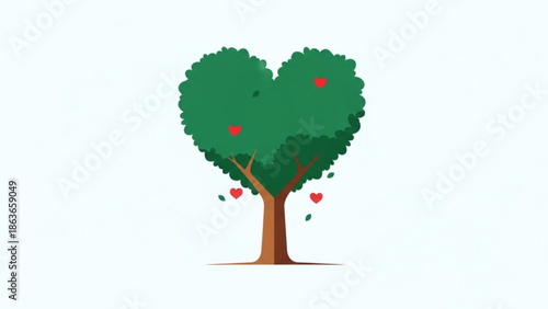 Heart shaped tree with red hearts and leaves on white background, symbolizing love and nature with valentine and romance and green and branches