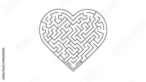 Heart shaped maze puzzle with intricate paths on white background for valentines day or love themed designs with symbol and romance and relationship