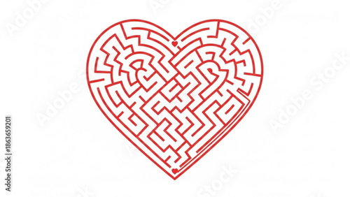 A red heart shaped maze on a white background, love puzzle concept with intricate paths with romance and valentine and game and labyrinth and symbol