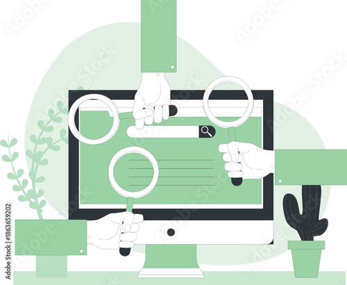 Hands holding magnifying glasses examining a computer screen with a search bar