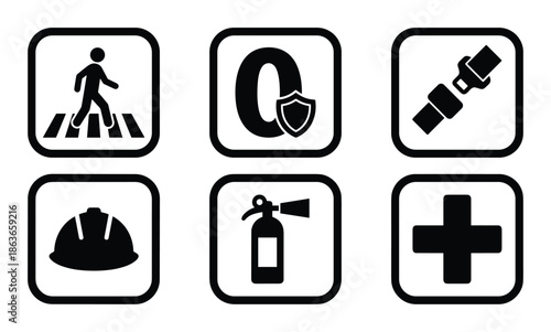 Safety signs symbols icon set. Contains: pedestrian, security, seatbelt, helmet, extinguisher, first aid sign.