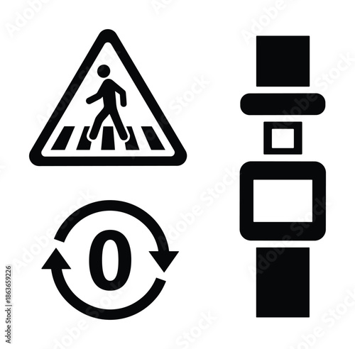 Safety signs, including pedestrian crosswalk warning, seatbelt sign, and rotation arrows vector graphic design.