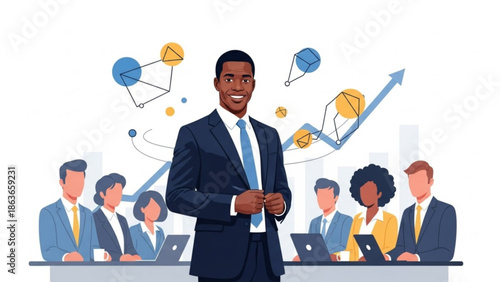 Confident african american businessman presenting to colleagues in a modern office setting with laptops and graphs with presentation and professional