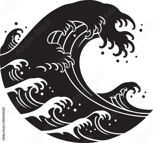 Dynamic ocean wave silhouette, traditional Japanese water art style wave illustration