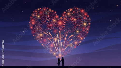 Romantic couple watching heart shaped fireworks display at night with romance and love and valentines day and wedding and anniversary and engagement