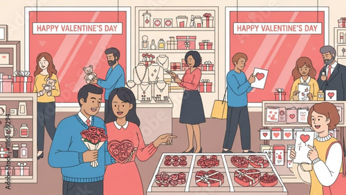 Happy valentine's day celebration in a store with people buying gifts and flowers for loved ones on a romantic holiday with Valentine s Day and couples