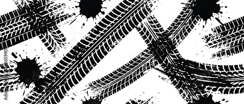 Seamless pattern design with black tire tracks and ink splatters on a white background.