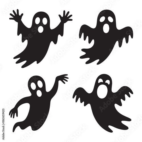 Four black ghost silhouettes flying on a white background for Halloween decorations or designs