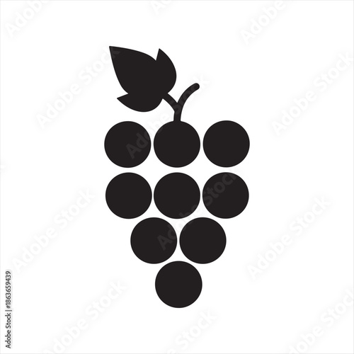 Black silhouette of grapes on a white background Vector illustration of grapes silhouette on white background. Bunch of grapes with leaf, healthy food and drink icon.