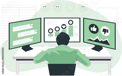 A person analyzing data on multiple computer screens in a modern workspace
