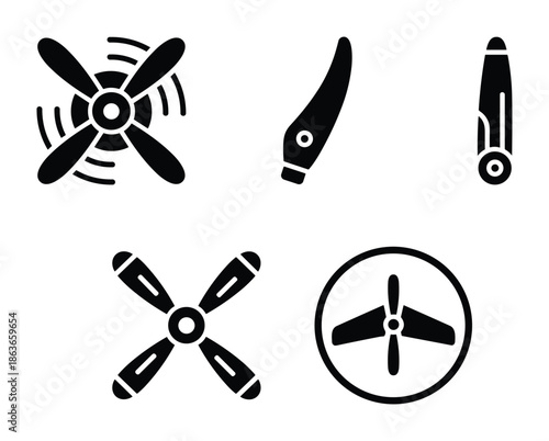 Set of aerospace propeller and blades icons. Airplane propeller with spinning fan vector design.