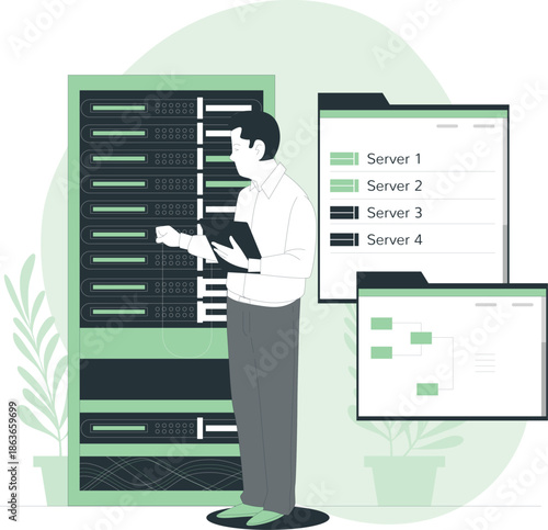 Man inspecting server rack with multiple servers and monitoring screens in a data center environment from a side viewpoint