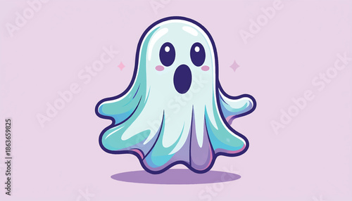Cute Cartoon Ghost with Surprised Expression Floating in the Air.