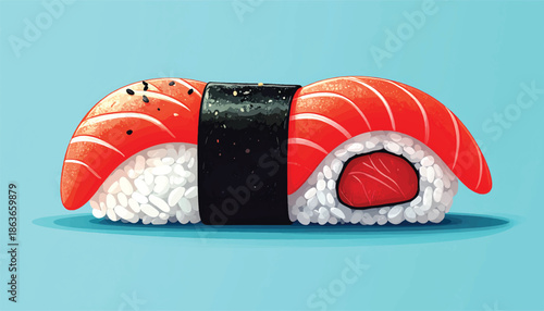 Two pieces of salmon sushi connected by nori seaweed.