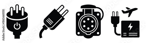 Set of black and white vector icons depicting electrical plugs, sockets and aviation power plug, connectors.