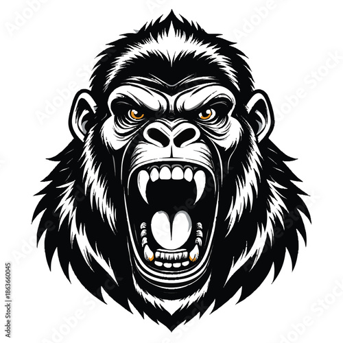 A black and white illustration of a gorillas head with an open mouth and aggressive expression