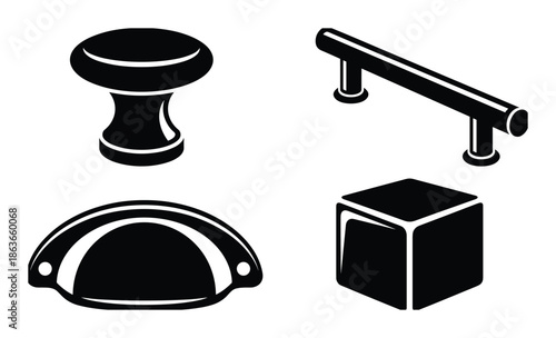 Set of black cabinet hardware icons: knob, pull handle, cup pull, and square pull. Vector illustration.