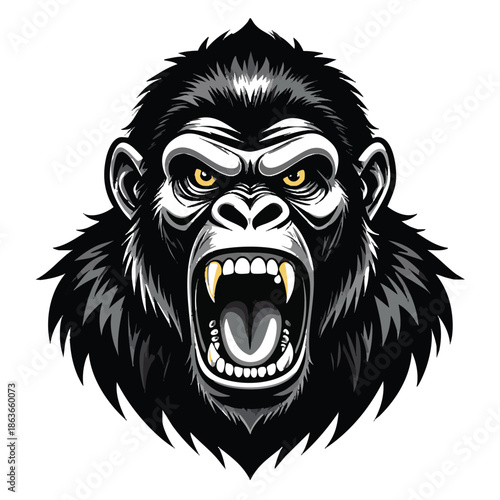 A fierce gorilla head with an open mouth and sharp teeth