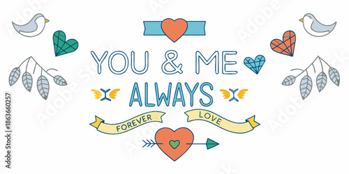 Love and devotion a decorative illustration with hearts birds and romantic text