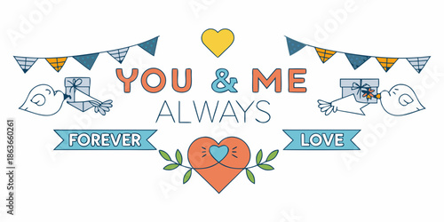 Charming illustrated design featuring love birds bunting and heartfelt romantic phrases