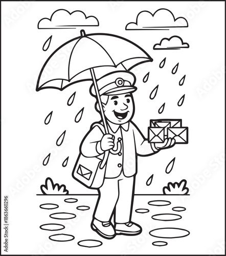 Postman working for delivery letter in rainy day black line art illustration vector elements for kids coloring page concept