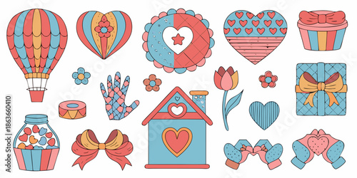 Colorful valentine s day themed illustrations of hearts gifts and decorative elements