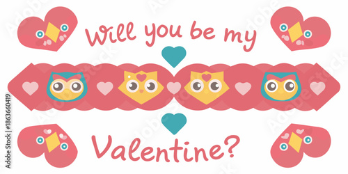 Cute owls and hearts asking will you be my valentine illustration