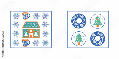 Festive winter patterns featuring snowflakes trees houses and hot beverages