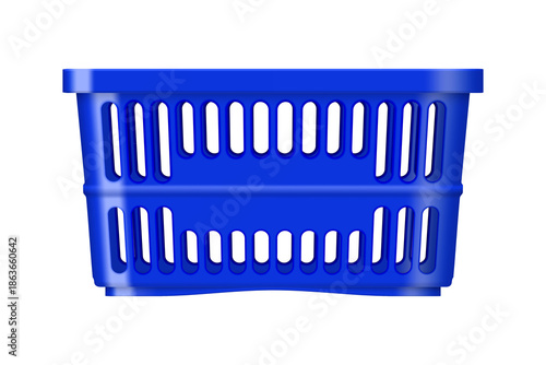 Blue plastic shopping basket empty container for supermarket grocery retail, minimalist commercial object 3D render isolated on transparent background